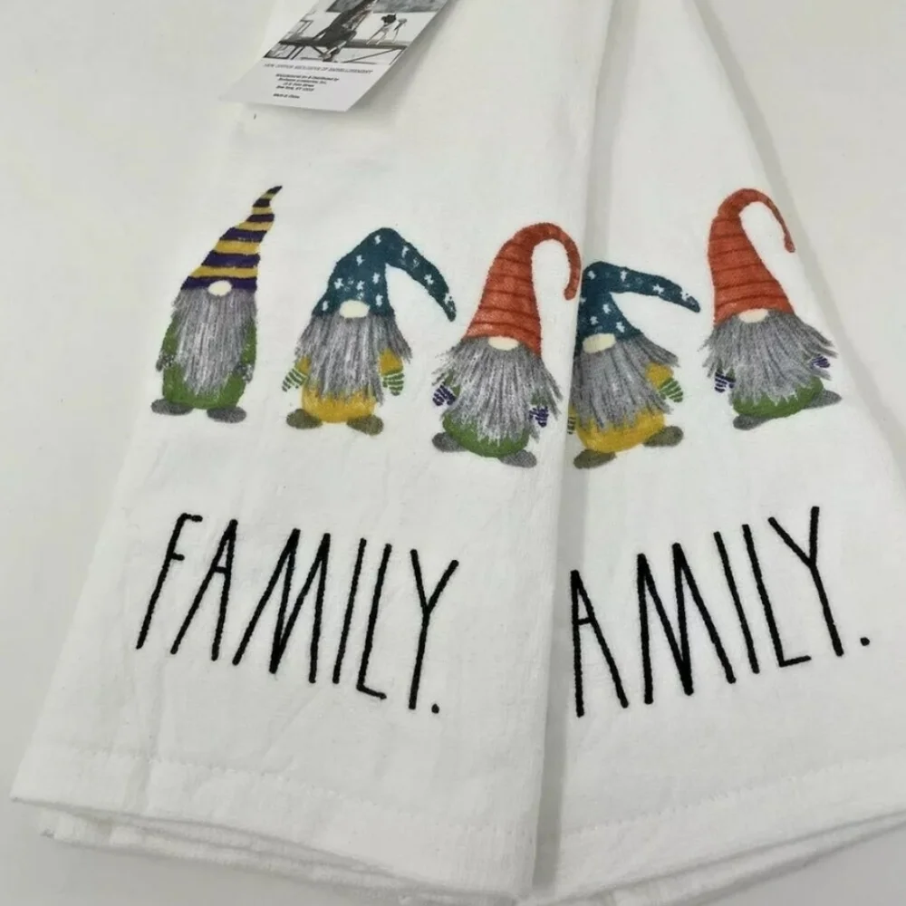 Rae Dunn FAMILY Gnomes Kitchen Towels Set of 2 NWT